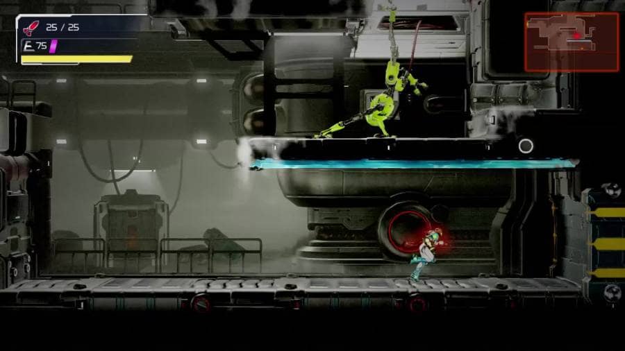 An E.M.M.I. robot pursues Samus. Its vision is represented by a red light.