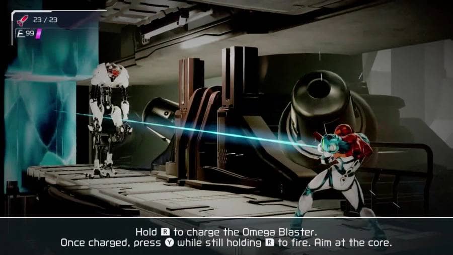 Clip of Samus standing still to charge the Omega Blaster as an E.M.M.I. approaches head on.