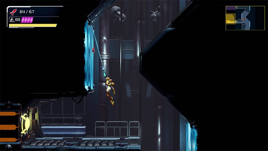 Samus pulls herself to a blue magnetic surface with the Grapple Beam