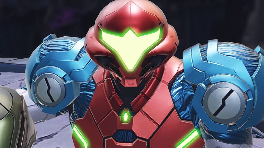 In addition to her classic helmet, Samus's new Power Suit has a white base, blue shoulders, and blue organic wrapping.