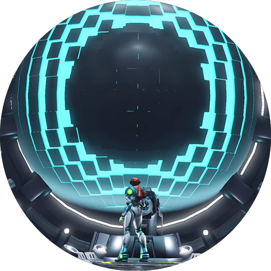 Image of Samus interacting with ADAM, represented as a black orb on a giant round screen.