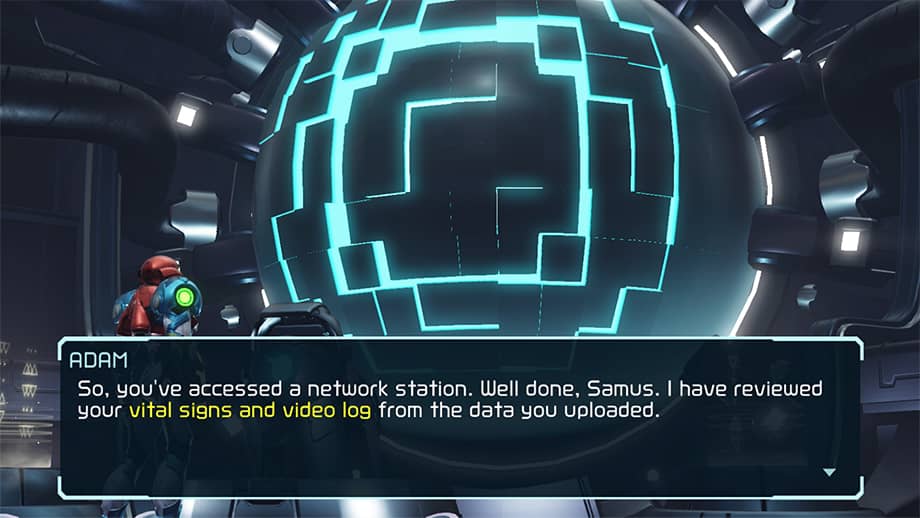 Samus interacts with the ADAM A.I. through a giant orb-like screen.