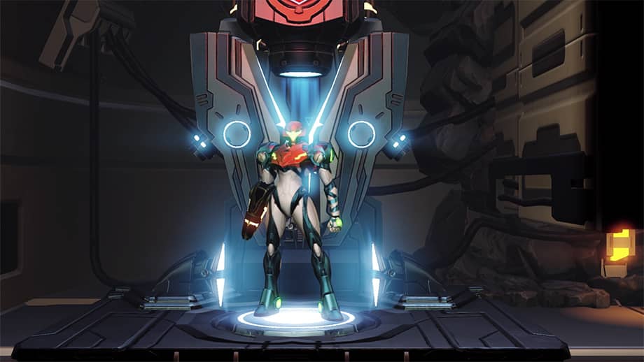 Samus stands in a red Teleportal.